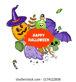 Halloween hand drawn collection. Vector illustration. Colored design template.