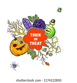 Halloween hand drawn collection. Vector illustration. Colored design template.