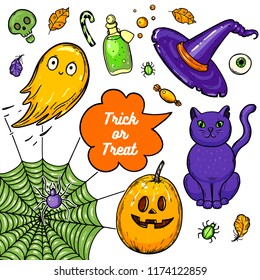Halloween hand drawn collection. Vector illustration. Colored design template.