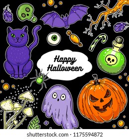 Halloween hand drawn collection. Vector illustration. Colored design template.