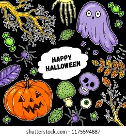 Halloween hand drawn collection. Vector illustration. Colored design template.