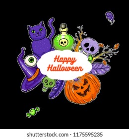 Halloween hand drawn collection. Vector illustration. Colored design template.