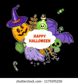 Halloween hand drawn collection. Vector illustration. Colored design template.
