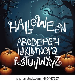 Halloween Hand Drawn Creepy Curly Font Alphabet With Bonus Jack-o-lantern And Scary Tree Background. EPS 10 Vector.