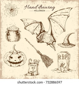 Halloween hand drawn design with holiday elements and animals on grunge background vector illustration