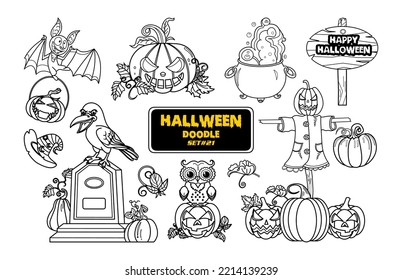 Halloween hand drawn doodle. Cute Halloween Digital Stamp Set.