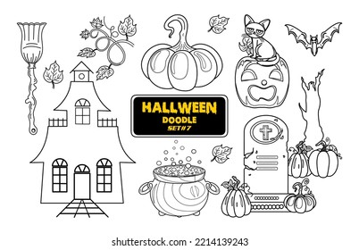 Halloween hand drawn doodle. Cute Halloween Digital Stamp Set.