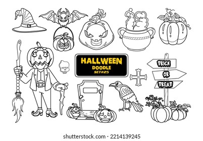 Halloween hand drawn doodle. Cute Halloween Digital Stamp Set.