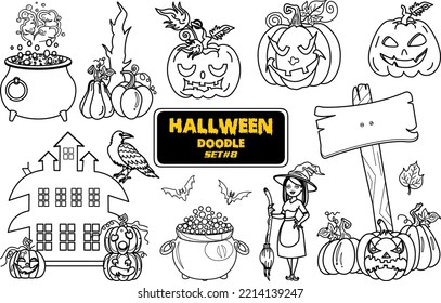 Halloween hand drawn doodle. Cute Halloween Digital Stamp Set.