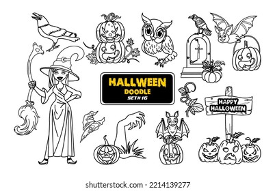 Halloween hand drawn doodle. Cute Halloween Digital Stamp Set.