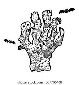 Halloween hand drawn doodle. Dead Man's hand. Funny abstract illustration for a party invitation.