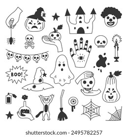 Halloween Hand Drawn Doodle Elements Set. Black line art spooky symbols. Ghost Witch hat jack o lantern pumpkin skull hand spider web potion castle cat. Isolated vector illustration