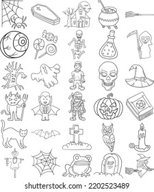 Halloween Hand Drawn Doodle Line Art Outline Set Containing Bat, Black Cat, Devil, Ghost, Mummy, Haunted House, Cauldron, Witch, Witch Hat, Witch’s Broom, Candies, Owl, Spider, Spider Web, Skull