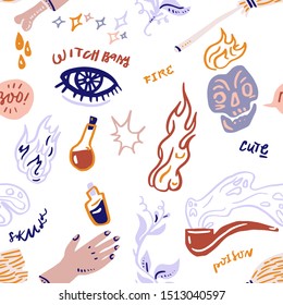 Halloween hand drawn doodle seamless pattern. Vector illustration. evil eye, ghosts, house, fire, poison, witches broom,candy,scull,boo, bones