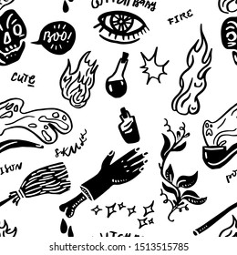 Halloween hand drawn doodle seamless pattern. Vector illustration. evil eye, ghosts, house, fire, poison, witches broom,candy,scull,boo, bones