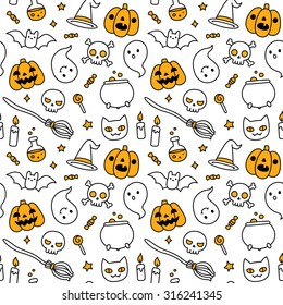 Halloween hand drawn doodle seamless pattern with cute cartoon objects and symbols.