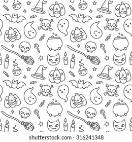 Halloween hand drawn doodle seamless pattern with cute cartoon objects and symbols.