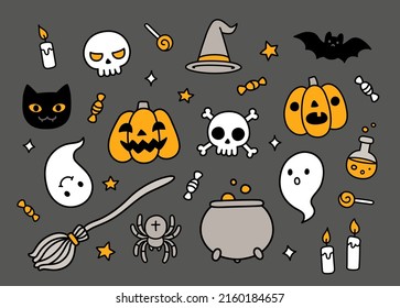 Halloween hand drawn doodle set. Cute cartoon objects and symbols on dark background.