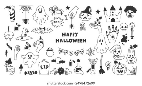 Halloween Hand Drawn Doodle Set. Holiday spooky and creepy symbols large group of objects. Collection of cute horror design elements in sketch style. 