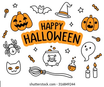 Halloween hand drawn doodle set with Happy Halloween text banner and cute cartoon objects and symbols.