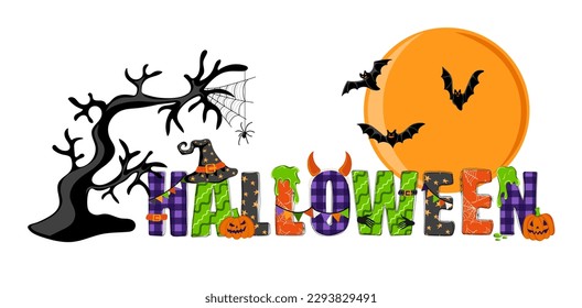 Halloween. Handgezeichneter Doodle-Text mit Hexenhut, Fledermaus, Spinnen und Kürbis. Urlaubsdesign für Poster, Banner, T-Shirt, Karte, Flyer, Einladung. Vektorgrafik