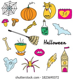 Halloween hand drawn doodle vector set. Halloween elements in doodle style.