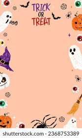 Halloween hand drawn doodles style Pastel background. Halloween frame template