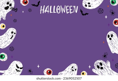 Halloween hand drawn doodles style Pastel background. Halloween frame template