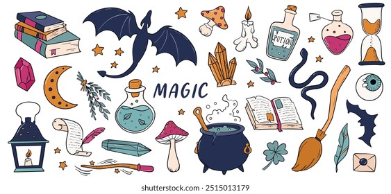 Elementos dibujados a mano de Halloween, Clipart, pegatinas, objetos para impresiones, carteles, planificadores, tarjetas, decoración de redes sociales
