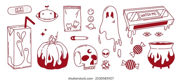 Elementos Video dibujados a mano de Halloween: calabazas, fantasmas, dulces, dientes, cráneo, caldero, jugo espeluznante, casete de miedo, espantapájaros y otros. Juego de Doodle. Ilustración feliz del Vector Y2K de Halloween