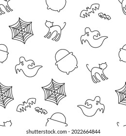 Halloween hand drawn elements seamless pattern in doodle style on white background for wallpaper, fashion print, gift wrapping paper etc.