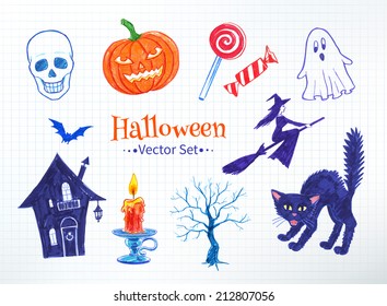 Halloween hand drawn felt pen doodles drawn on checkered notebook paper. Vector set. Isolated.