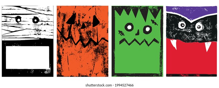 Halloween hand drawn  flyers, banners set, party design template for invitation and greeting card, with place for text. . Funny halloween poster, vector Illustrations of Dracula, Mummy, Frankenstein a