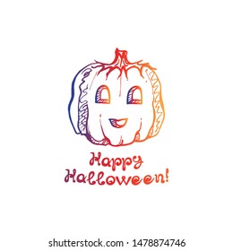 Halloween hand drawn gradient pumpkin with handwritten phrase isolated on white background. Inscription: Happy Halloween