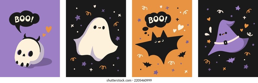 Halloween hand drawn greeting card with cute skull, ghosts, bat, witch hat. Cartoon style clipart decoration for kids Halloween Party. Happy Halloween poster vector illustration.