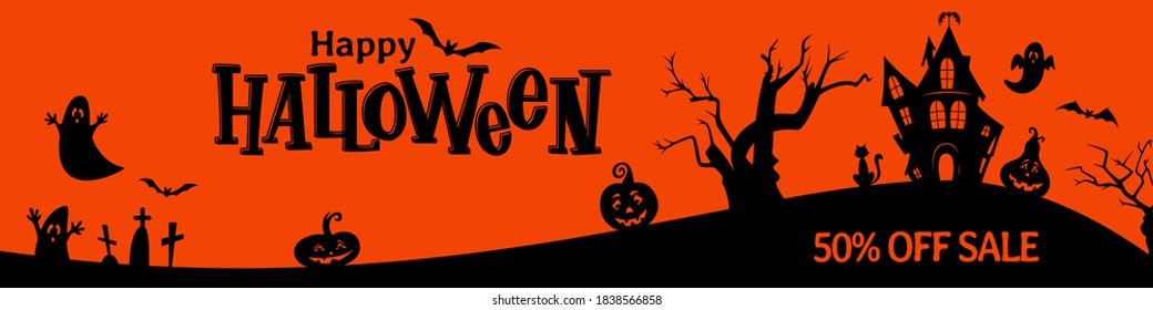 Halloween hand drawn horizontal sale banner, flyer,  poster template. Traditional halloween symbols: haunted house, ghost, bat, cemetery and handwritten lettering. 