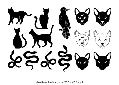 Halloween Hand Drawn Icon Set with Cats, Snake And Crow. Scary Mystic Animal Hand Drawn Collection. Vector Illustration Isolated on White Background. Halloween Animal Decor Silhouette Doodle Style.