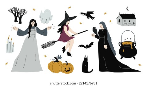 Halloween Hand Drawn Illustration. Isolated Vector Clip Art. Story Book Character Set.