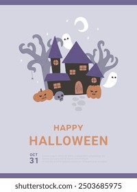 Halloween hand drawn  illustration poster with mansion, ghosts and pumpkin.