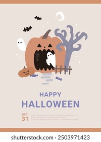 Cartel de ilustración dibujado a mano de Halloween con fantasmas y calabaza.