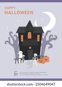 Halloween hand drawn  illustration poster with mansion, monsters and pumpkin.