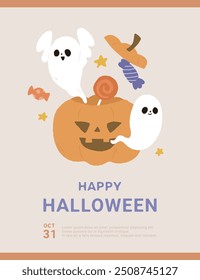 Halloween hand drawn  illustration poster with  ghosts and pumpkin.