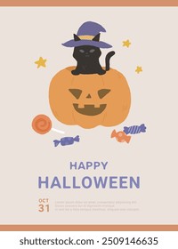 Halloween hand drawn  illustration poster with black cat in the pumpkin.