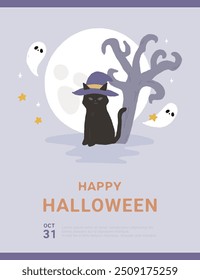 Cartaz de ilustração desenhado à mão de Halloween com gato preto em frente à lua cheia.