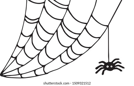 Halloween hand drawn illustration of spiderweb with hanging spider. 
