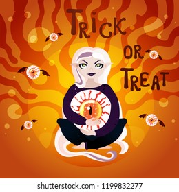 Halloween hand drawn illustration for typography and t-shirt print with a cute demonic 
girl,flying eyes and lettering with the text: Trick or Treat