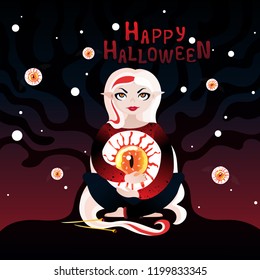 Halloween hand drawn illustration for typography and t-shirt print with a cute demonic 
girl,flying eyes and lettering with the text: Happy Halloween.