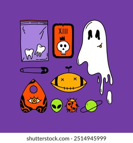 Сolor Halloween hand drawn illustration for your designs in y2k style. Happy Halloween day. Ghost, tarot, teeth, mystical eye, skull, ladybug, alien, scarecrow