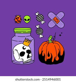 Сolor Halloween hand drawn illustration for your designs. Happy Halloween day. Band-aid, patch, skull in a jar, candy, alien, pumpkin, ladybug, y2k style