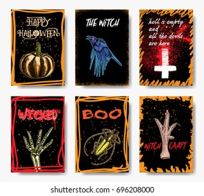 Halloween hand drawn invitation flyers or greeting cards set. Vector.